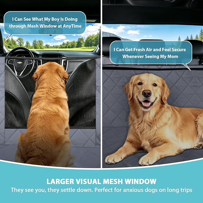 XL Dog Car Seat Cover for Back Seat with Safety Belt for Trucks | For Large Trucks,Waterproof,Mesh Window,Zero Slide,Easy Removal & Storage,Heavy-Duty Oxford Fabric,Double-Stitched Seams - Image 2
