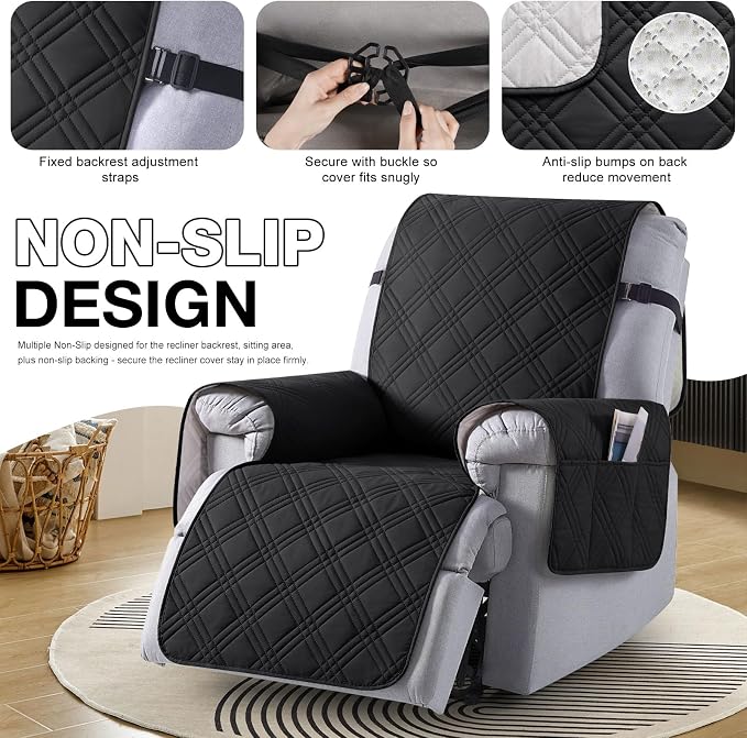 TAOCOCO 100% Waterproof Recliner Chair Covers, Non Slip Recliner Covers for Recliner Chair with Pocket, Washable Reclining Chair Cover Furniture Protector for Kids,Dogs(25'', Black) - Image 6