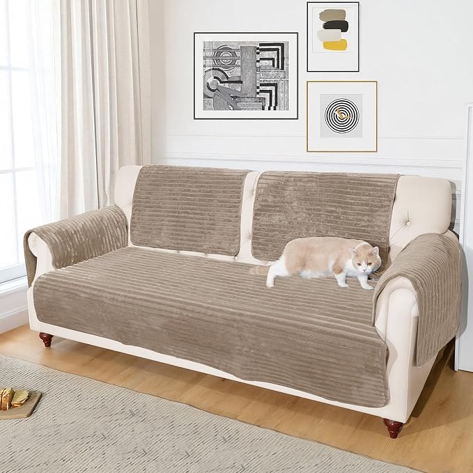 NAISI Couch Covers for Dogs Waterproof Flannel Striped Sofa Cover Pet Friendly Washable Dog Mat for Couch Anti Slip Sectional Sofa Slipcover Protector(1pc/35"x 82",Khaki) - Image 4