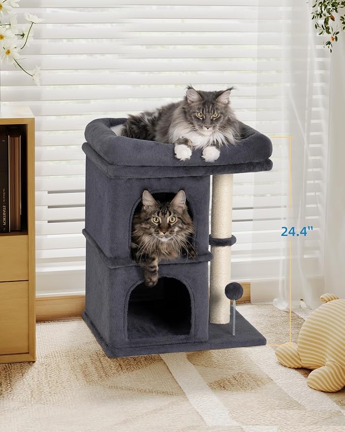 Aechonow Cat Tree for Large Cat,2 Cozy Cat Condo House for Large & Fat Cats | 19x16.5" Large Cat Perch, Cat Tower for Indoor Cats with 24" Long Scratching Post, Dark Gray - Image 5