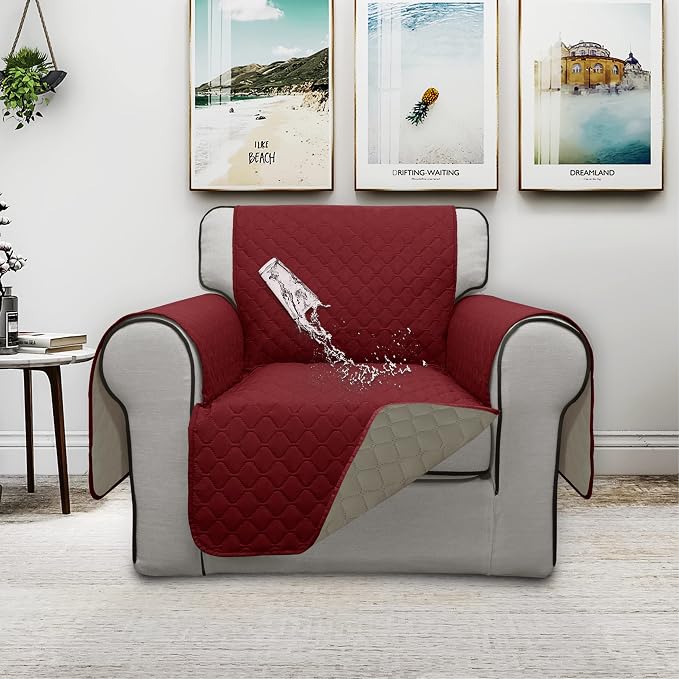 ISSUNTEX Double Protection 100% Waterproof Chair Sofa Cover for Living Room, Reversible Furniture Protector for Dogs, Pets, Kids (Chair, Christmas Red/Beige) - Image 2
