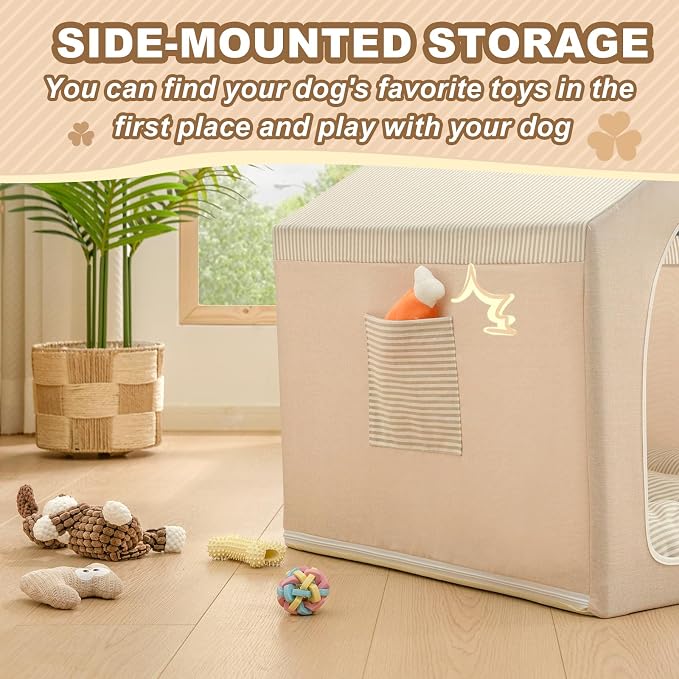 Indoor Dog House with Frame,Cute Dog Tent Bed with Cover Cave,Beige | Breathable,Washable,and Foldable House, Suitable for 8-16 Lb Puppy and Cats, Medium (17"×17"×17"),Inside Dog House - Image 4