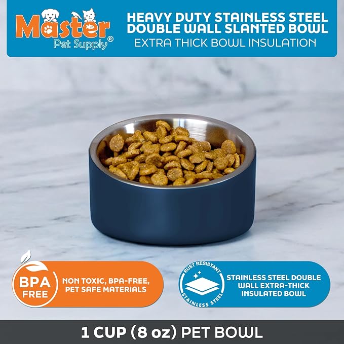 Master Pet Supply Stainless Steel Slanted Dog Cat Food Bowl 8 oz Navy Blue | Heavy Duty Double Wall Insulated, Non-Slip Elevated Bowl for French Bulldogs, Pugs, Cats, Anti Rust, Dishwasher Safe - Image 3