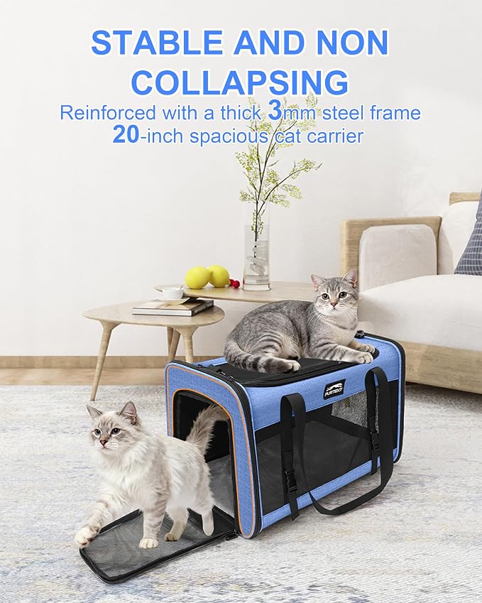 Soft-Sided Large Cat Carrier for 2 Cats, Spacious Foldable Pet Travel Carrier for Large Cats up to 25 Lbs, Double Cat Bag with Shoulder Strap, 20x13x13 Inch, Fits Maine Coon and Small Dogs, Blue | Spacious 20×13×13 in design with reinforced frame for o... - Image 3