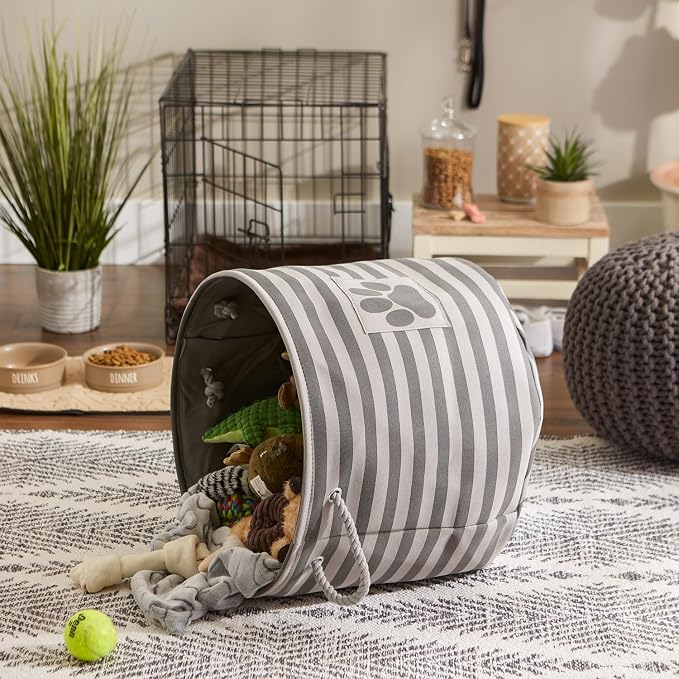 Bone Dry Pet Storage Collection Striped Paw Patch Bin, Large Round, Gray - Image 4