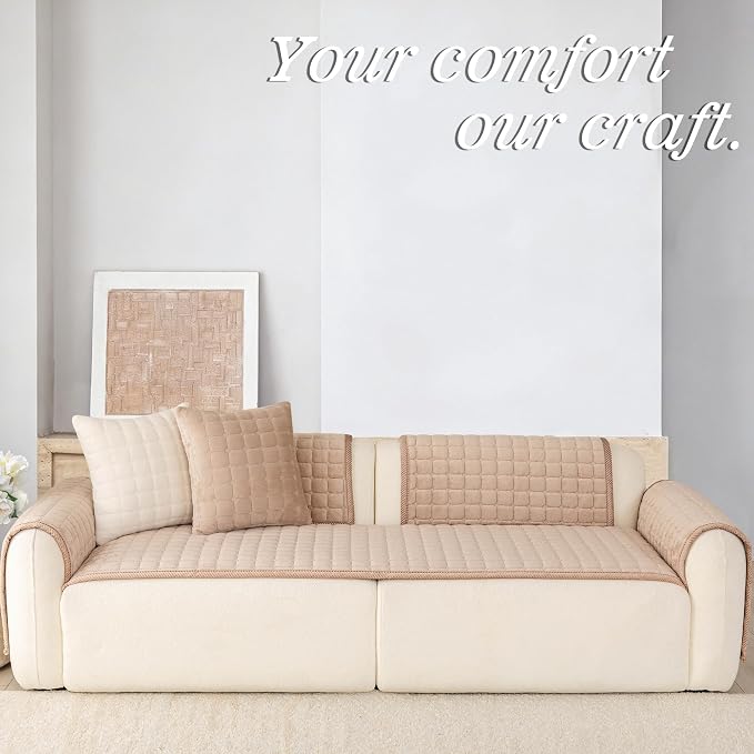 Velvet Washable Couch Cover for Dog,L Shape Sofa Cover for Pets. | 27.6"x82.7",Khaki,Sectional Couch Cover,Soft Velvet,Non-Slip,Furniture Protector,quilted - Image 3