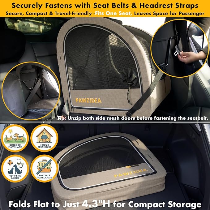 PAWZIDEA Portable Dog Crate for Car Travel, Medium & Large Dogs Up to 80lbs | Enclosed Soft-Sided Dog Car Kennel for Backseat, Secures w/ Seatbelt & Headrest Strap, Collapsible Car Carrier, Chew-Proof - Image 5