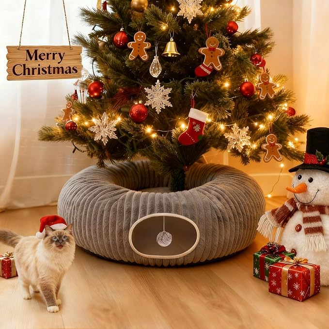 Cat Tunnel Bed for Indoor Cats, Peekaboo Cat Cave Bed,Soft Cat Donut Tunnel for Kitten Large Cats, Grey - Image 9