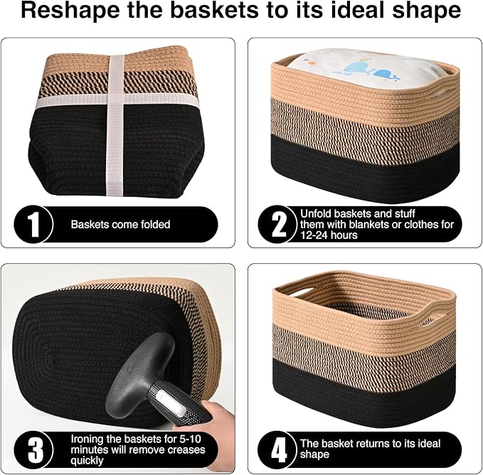 ICERZCZ Storage Baskets for Shelves Organizing, Woven Cotton Rope Baskets for Storage, Book Basket, Towel Basket, 12.5"Lx9.1''Wx7.9''H (4 Packs) Gradient Black & Jute - Image 7