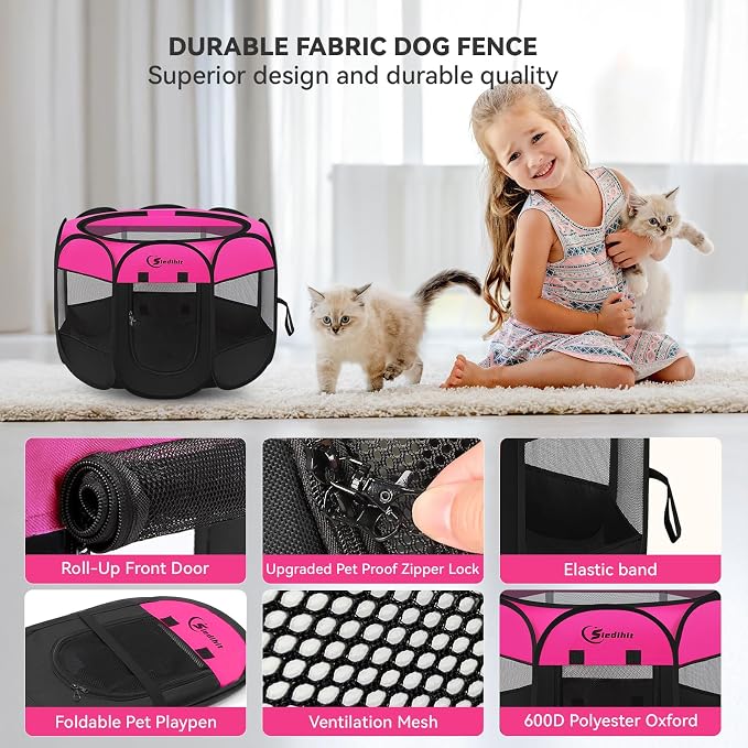 Siedihit Dog Playpen, Puppy Pet Playpens Indoor for Small Dogs Tent Crates | Cage Indoor/Outdoor, Portable Pop Up Dog Kennel Playpen with Carrying Case for Dogs/Cats/Rabbits, Hot Pink - Image 7