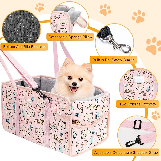 Console Dog Car Seat for Small Dogs, Foldable Booster Seat, Pink Kitten | Portable Booster Seat Sits On Car Console/ Armrest. Foldable for Easy Storage. for Center Console, Easy To Clean. - Image 3