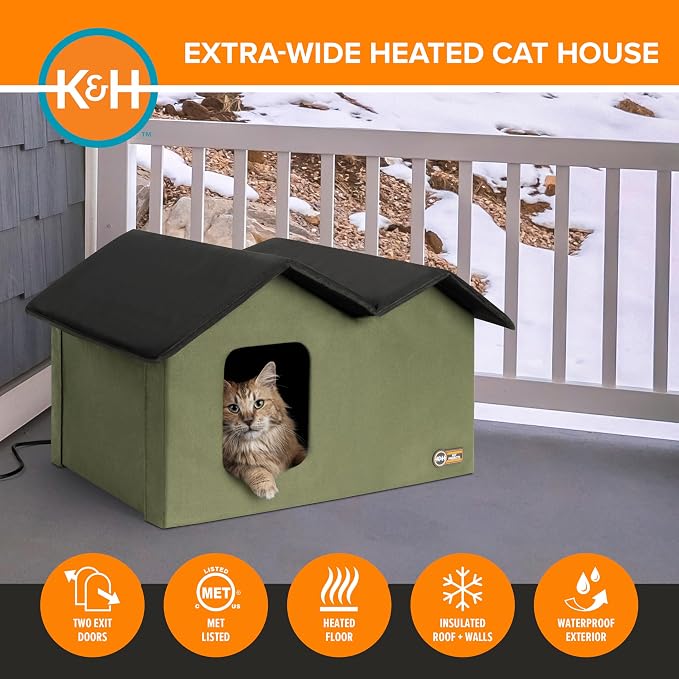 K&H Heated Cat House, Outdoor Extra-Wide Kitty House, Safety Listed, 20W | Heated Cat House for Outside, Weatherproof Shelter for Ferals, Insulated Shelter, 2 Doors, Waterproof Kitty Bed, Olive - Image 4