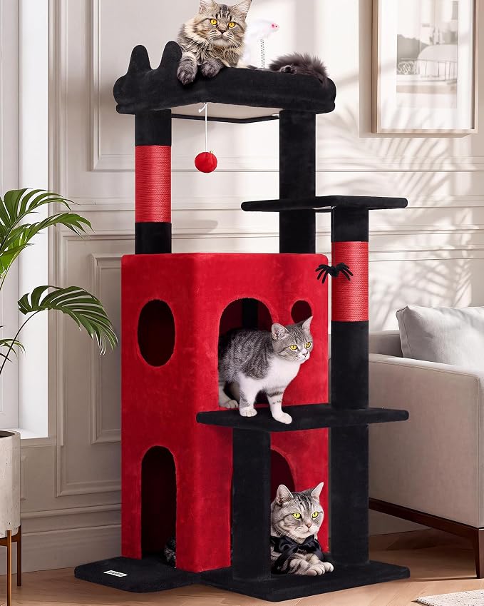 Globlazer Gothic Cat Tree Tower for Indoor Cats, 50-inch Goth Adult Cat Tree House for Large Adult Cats with Steps, Scratching Post, 2 Cat Caves, Dangling Toys, FC50, Blood-Goth by Globlazer