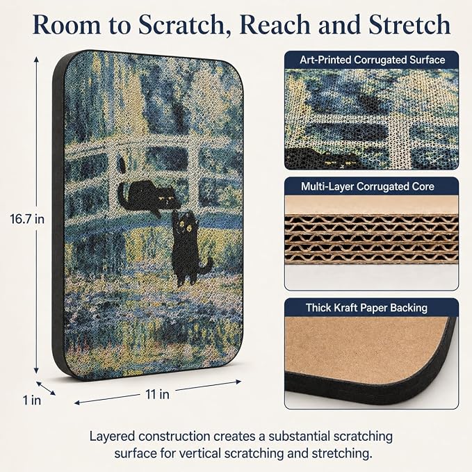 Cat Wall Scratcher, Art Cat Scratching Board for Indoor Cats | Wall Mounted Cat Scratch Pad, Water-Based Ink, Hook&Loop Strips, Floor or Wall Use, 16.7x11x1 Inch, Lily Pond Bridge - Image 2
