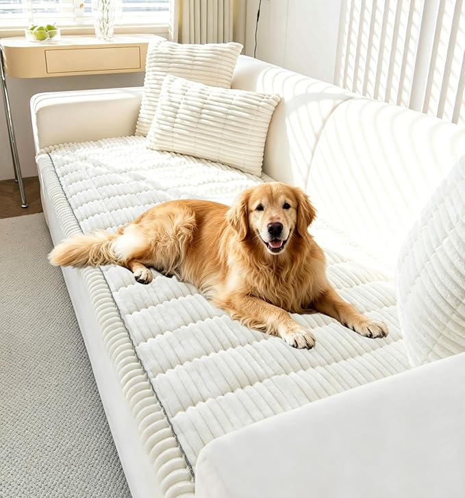 OTOB Pet Couch Cover Washable, Anti Slip Dog Sofa Covers Protector | Cream, 31.5" x 82.7", All Seasons, Soft Fuzzy Plush, 3 Cushion Furniture Protector, Breathable, Thick Wear-Resistant by OTOB