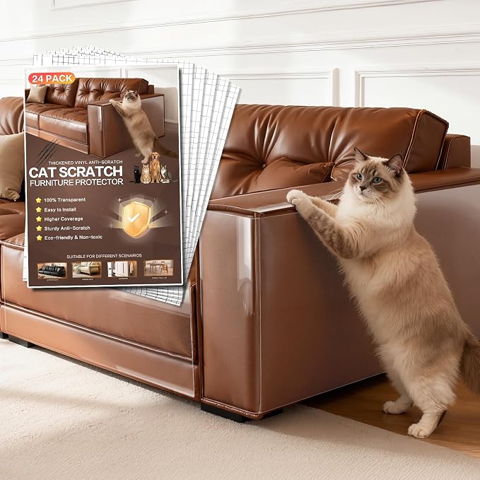 Anti Cat Scratch Furniture Protector for Leather Furniture, Easy-to-Apply & Removable Couch Protector from Cat Claws, Sofa Corner Guard Anti-Scratch Tape for Cats (24 Pack) by Unknown