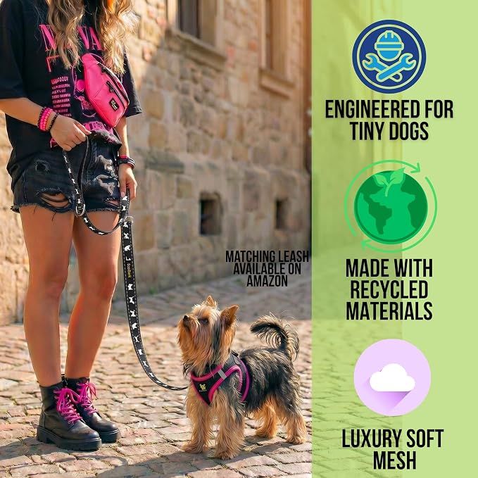 EcoBark Step in Dog Harness, Reflective & Adjustable Mini Body Halter Vest | Eco Friendly Teacup Dog Harnesses For XXS, XS & Small Dogs, Tiny Soft Mesh Toy Breed Harness, Size XXXS, Black & Pink - Image 2