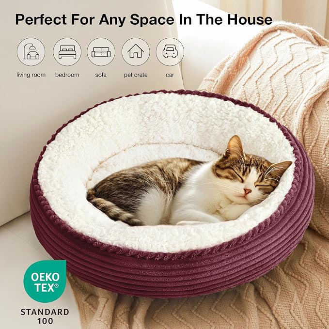 Love's cabin Round Donut Cat and Dog Cushion Bed, 20in Pet Bed for Cats or Small Dogs, Anti-Slip & Water-Resistant Bottom, Super Soft Durable Fabric Pet beds, Washable Luxury Bed Burgundy Stripe - Image 6
