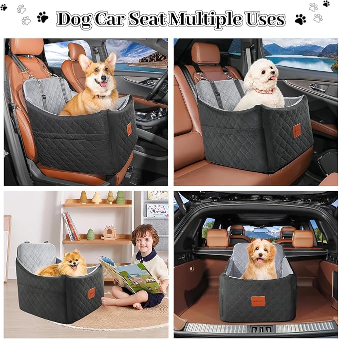 Dog Car Seat for Small Medium Dogs,Detachable Washable Dog Booster Seat Under 35lbs, Pet Car Seat Travel Bed with Storage Pockets and Safety Belt (Black/Grey, Medium) - Image 7