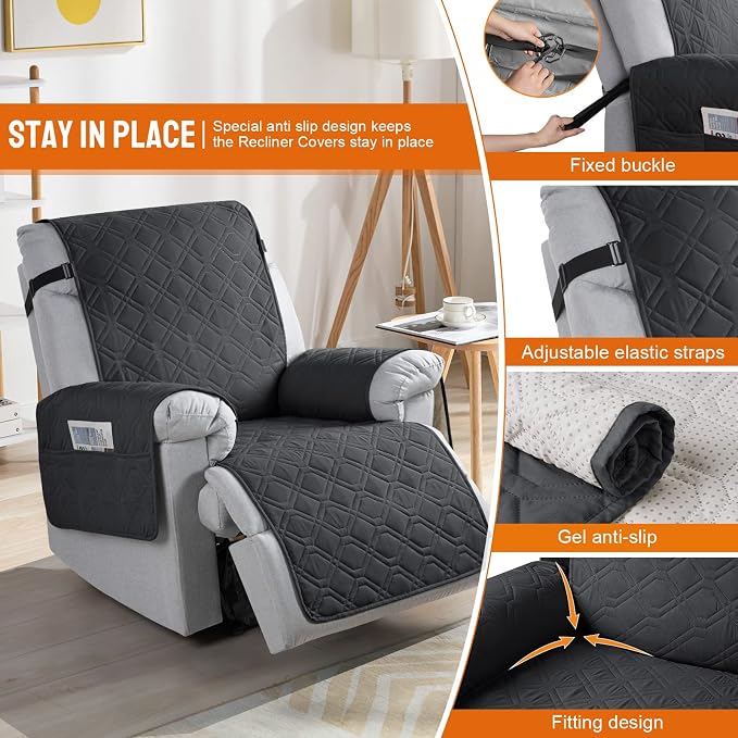 VANSOFY 100% Waterproof Recliner Chair Covers Washable, Black, 28" | Non-Slip, Slipcover with Pocket, Furniture Protector, Elastic Straps, Chair Cover for Pets, Dogs - Image 3