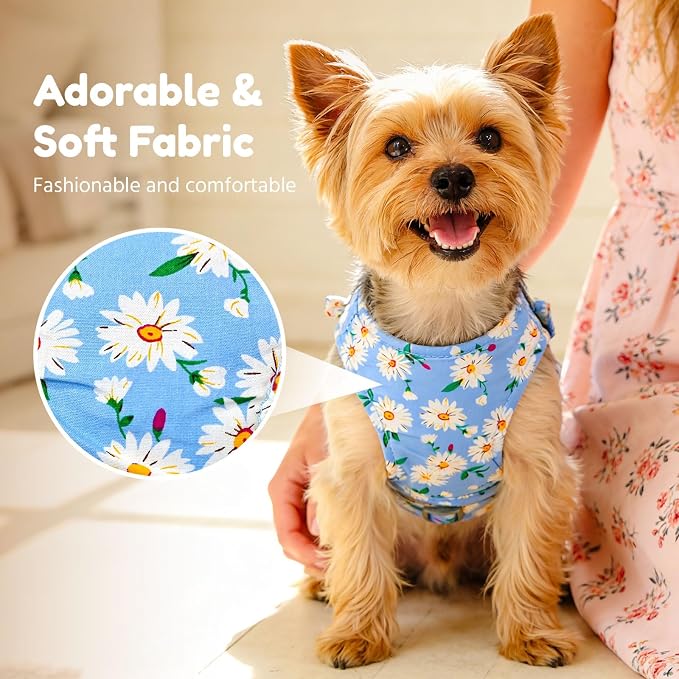 BAEJMJK Dog Harness and Leash Set with Bow Knot No Pull Pet Daisy Floral Harness with D-Ring Soft Mesh Dog Harness Vest Set Escape Proof Princess Puppy Harness for Small Girl Dogs Cats（Blue B S） - Image 3
