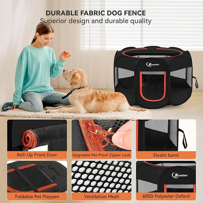 Siedihit Dog Playpen, Large Puppy Pet Playpen, Dog Crate Tent Cage Indoor | Outdoor, Portable Pop Up Dogs Kennel Playpen with Carrying Case for Dogs/Cats/Rabbits, Black - Image 6
