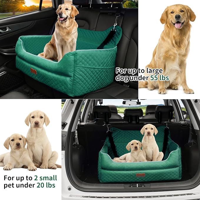 Dog Car Seat for Medium & Large Dogs Up to 55 lbs or 2 Small Dogs, Green | Memory Foam Elevated Booster Seat with Safety Belts, 4-Inch Thick Cushion, Storage Pockets and Removable Washable Cover - Image 4