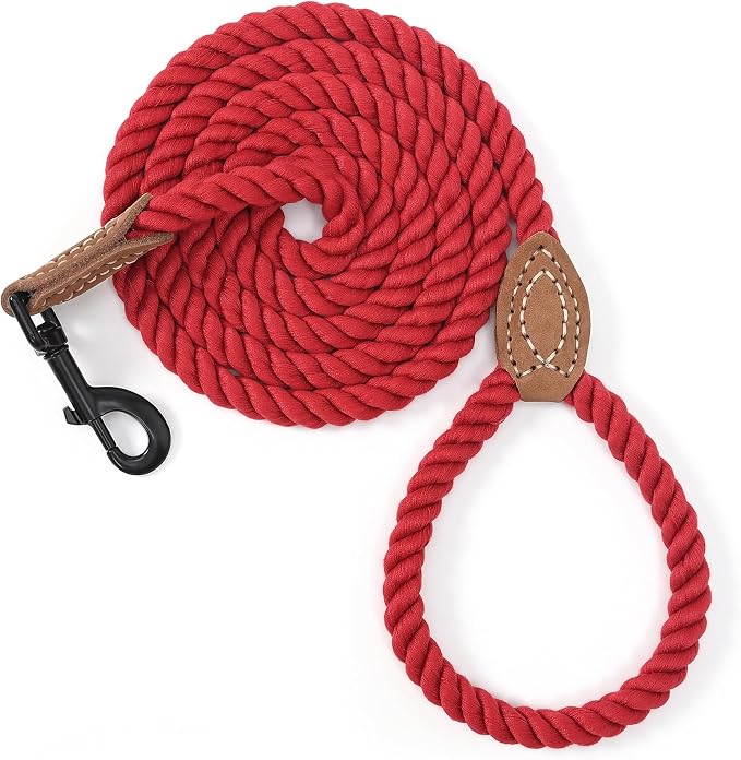 Mile High Life Dog Leash Braided Cotton Rope with Leather-Reinforced Ends | Rust-proof 360° swivel clasp, Heavy-duty for medium/large breeds. Great for weddings, daily walks (4 FT, 1/2", Red) by MileHighLife