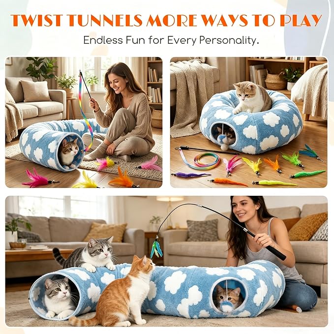 Cat Tunnel Bed with Toys – Large Collapsible Play Tube (Blue) | Soft Tube for Indoor Kittens & Adult Cats – Perfect for Hide & Seek, Pouncing, and Cozy Napping, Space-Saving & Foldable - Image 2