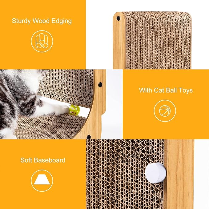 Poils bebe L Shape Cat Scratcher, 26.8 Inch Cat Scratchers for Indoor Cats | Protecting Furniture Cat Scratch Pad, Cardboard Cat Scratching with Ball Toy, Catnip, Large - Image 3