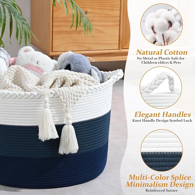 67L Large Woven Blanket Basket, Cotton Rope Baby Laundry Hamper with Handles, Kids Toy Basket for Classroom & Nursery, Soft Round Stuffed Animal Storage, Dog Toy Bin - 20"x13", Dark Blue - Image 3