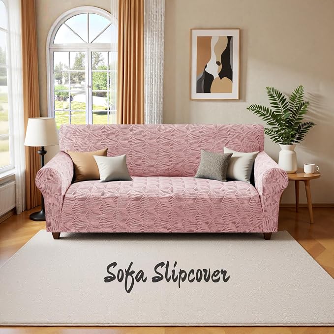 YEMYHOM 1 Piece Stretch Couch Covers for 2 Cushion Couch, Jacquard Loveseat Cover with Non-Slip Elastic Bottom, Thickened Slipcover Furniture Protector for Dogs Pets (Medium, Pink） - Image 8