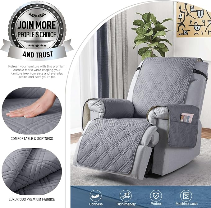 TAOCOCO 100% Waterproof Recliner Chair Covers, Non Slip Recliner Covers for Recliner Chair with Pocket, Washable Reclining Chair Cover Furniture Protector for Kids,Dogs(25'', Grey) - Image 4