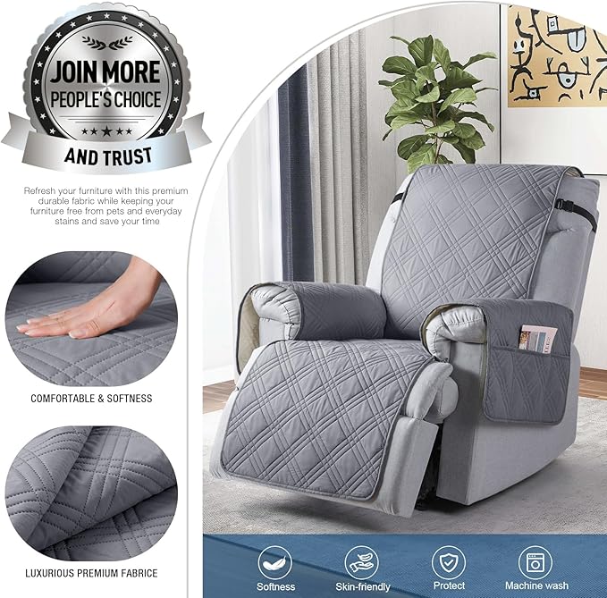 TAOCOCO 100% Waterproof Recliner Chair Covers, Non Slip Recliner Covers for Recliner Chair with Pocket, Washable Reclining Chair Cover Furniture Protector for Kids,Dogs(22'', Grey) - Image 4