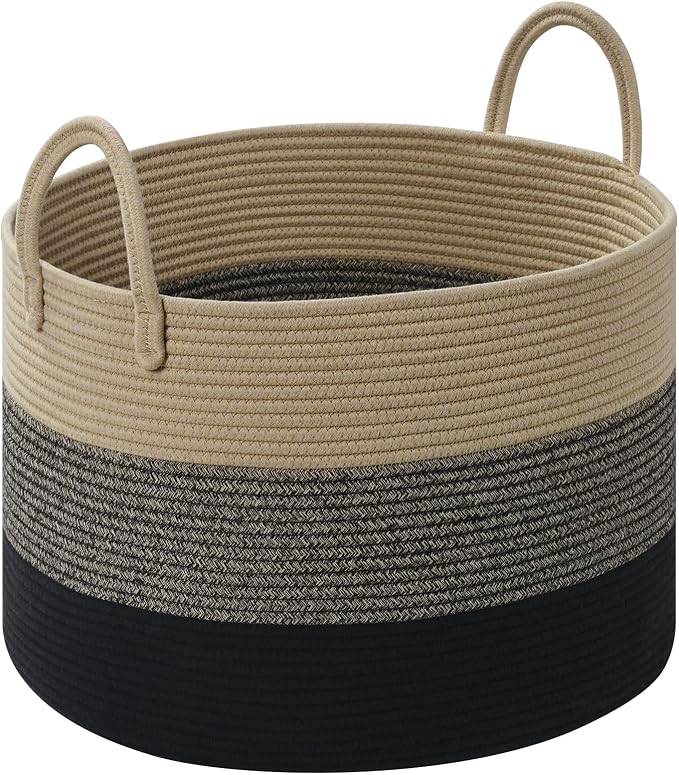 67L Large Woven Blanket Basket, Cotton Rope Baby Laundry Hamper with Handles, Kids Toy Basket for Classroom & Nursery, Soft Round Stuffed Animal Storage, Dog Toy Bin - 20"x13", Black & Brown by Degeyoyo