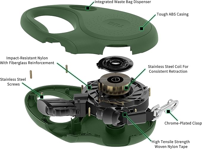 TUG Oval 360° Tangle-Free Retractable Dog Leash with Integrated Waste Bag Dispenser (Small, Green) - Image 4