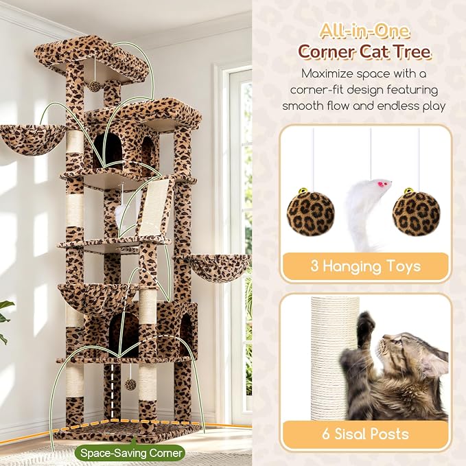 Globlazer 80in Extra Large Leopard Cat Tree Tower S80G, Leopard Print | Multi-Level Cat Condo For Multiple Indoor Cats Large Adult Kittens, Scratching Posts, Widened Perches, Adjustable Baskets - Image 5