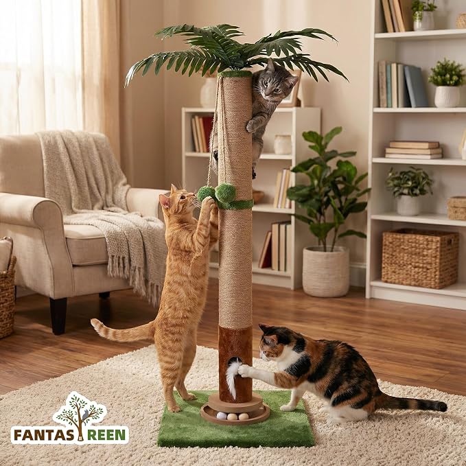 Fantasreen Cat Scratching Post 35'' Tall with Toy Mouse for Indoor Cats, Green - Image 8