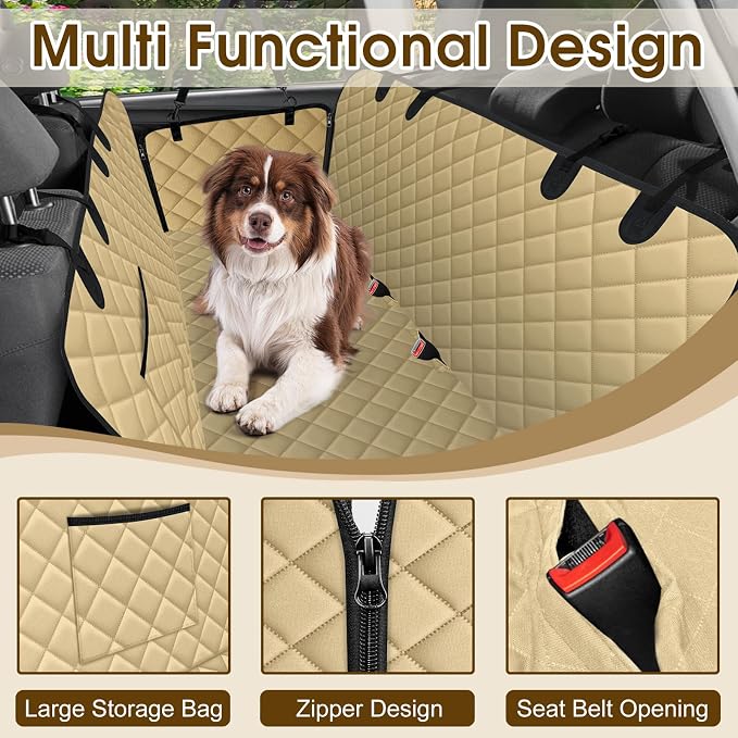 NECKORY Waterproof Dog Car Seat Cover for Back Seat - Durable, Scratch Proof Pet Hammock with Nonslip Design & Storage Pockets, Fits Cars, SUVs, Trucks - L, Khaki/Black - Image 3