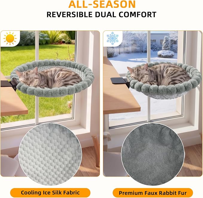 Cat Desk Bed - 2-in-1 Cat Hammock for Desk with Cooling Ice Silk & Premium Faux Rabbit Fur, 180° Foldable Space-Saving Cat Bed, Heavy Duty Anti-Tilting Clamp Holds Up to 40 lbs, Washable & Reversible - Image 3