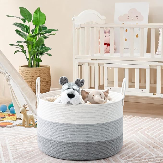 67L Large Woven Blanket Basket, Cotton Rope Baby Laundry Hamper with Handles, Kids Toy Basket for Classroom & Nursery, Soft Round Stuffed Animal Storage, Dog Toy Bin - 20"x13", Gray - Image 6