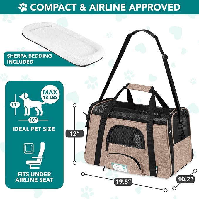 PetAmi Airline Approved Pet Carrier Cats & Small Dogs, Large Heather Taupe | Soft Sided TSA Travel Bag, Sherpa Bed, Breathable Mesh Ventilation, Collapsible Bowl, Fits Under Seat, Up to 18 lbs - Image 2