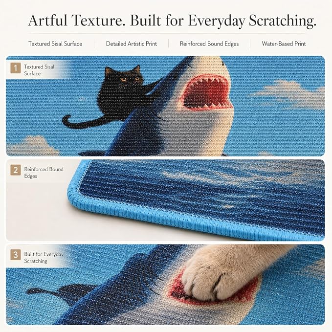 Art Sisal Cat Scratcher Mat, Cat Wall Scratchers for Indoor Cats | Wall Mounted Cat Scratcher, Natural Sisal, No-Drill Hook & Loop Setup, Floor or Wall Use, 23.6 x 15.7 Inch, Shark - Image 5