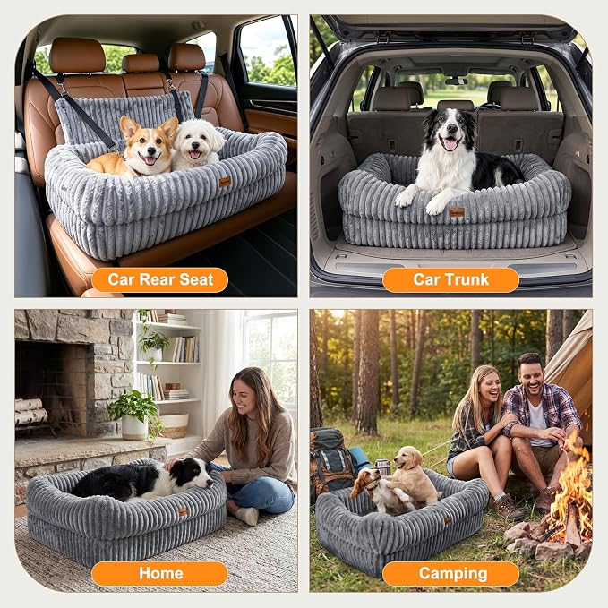 Pawaboo Dog Car Seat Bed, Memory Foam Booster for Medium/Large Dogs, Gray | Rear-seat pet travel bed with washable cover, safety leashes, thick cushion, and room for 2 small dogs - Image 7
