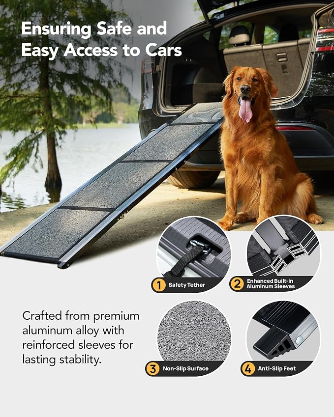 Dog Ramp for Cars, 63" L × 19.7" W, Lightweight Extra-Wide Foldable | Extra-Wide for a Safer Climb, Lightweight for Easy Transport, Non-Slip Rug Surface, 250-lb Capacity - Image 4