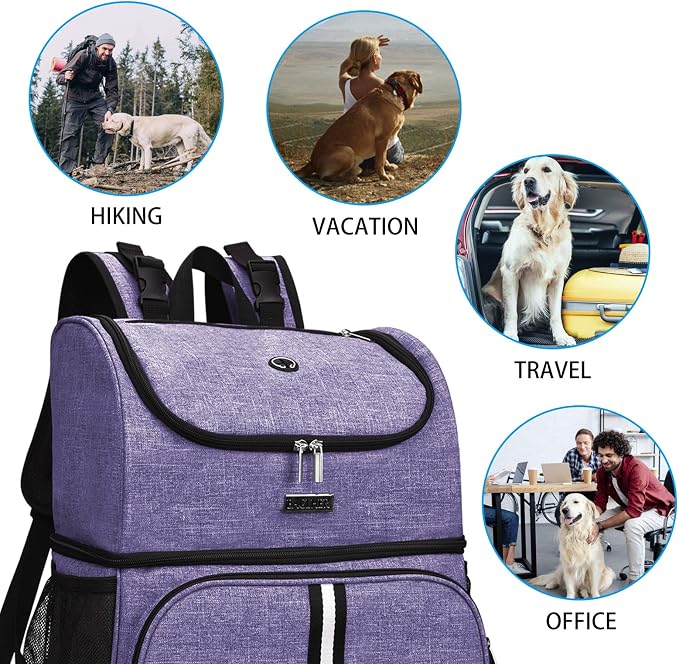 BAGLHER Pet Travel Bag, Double-Layer Pet Supplies Backpack (for All Pet Travel Supplies), Pet Travel Backpack with 2 Silicone Collapsible Bowls and 2 Food Baskets Purple - Image 8