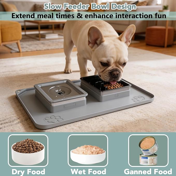 Dog Bowl Set, No Spill Dog Water and Food Bowl with Slow Feeder | Large Capacity 304 Stainless Steel Bowls, 3-In-1 Set, Slow Drinking, Anti-Slip Mat, Easy to Clean, Home/Travel, 6-7 Cups - Image 6