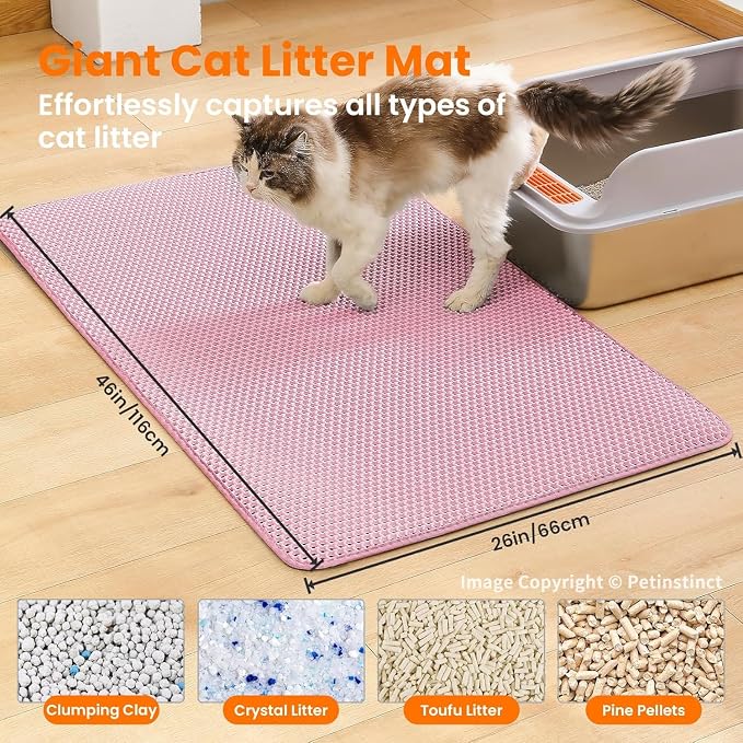 Extra Large Cat Litter Mat XXL, Double Layer Honeycomb, Pink | 46x26”, Reduces Litter Tracking, Easy to Clean, Waterproof, Non-Slip, Soft on Paws, Scratch Resistant, XXL - Image 2