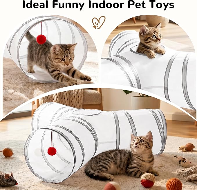 Tempcore Cat Tunnel for Indoor Cats, 3 Way Collapsible Pet Play Tunnel with Teaser Wand, Peek Holes & Hanging Ball, Interactive Tube for Kittens & Rabbits, White & Light Grey - Image 7