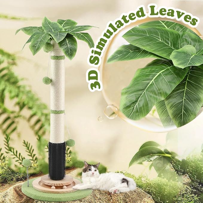 39.4'' Tall Cat Scratching Post,3.5 Inch Wide Sisal Cat Scratcher Tree with Leaves,Interactive Cat Toys for Indoor | Solid Wood Base Stable Scratch Tower Interactive Toy Self Groomer Climbing Pole Full Body Stretching Artificial Plant - Image 6